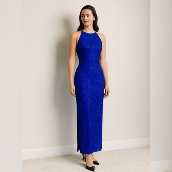 Andretta Donatello Blue Vintage Silk Beaded Formal Maxi Dress - Picture 1 of 17